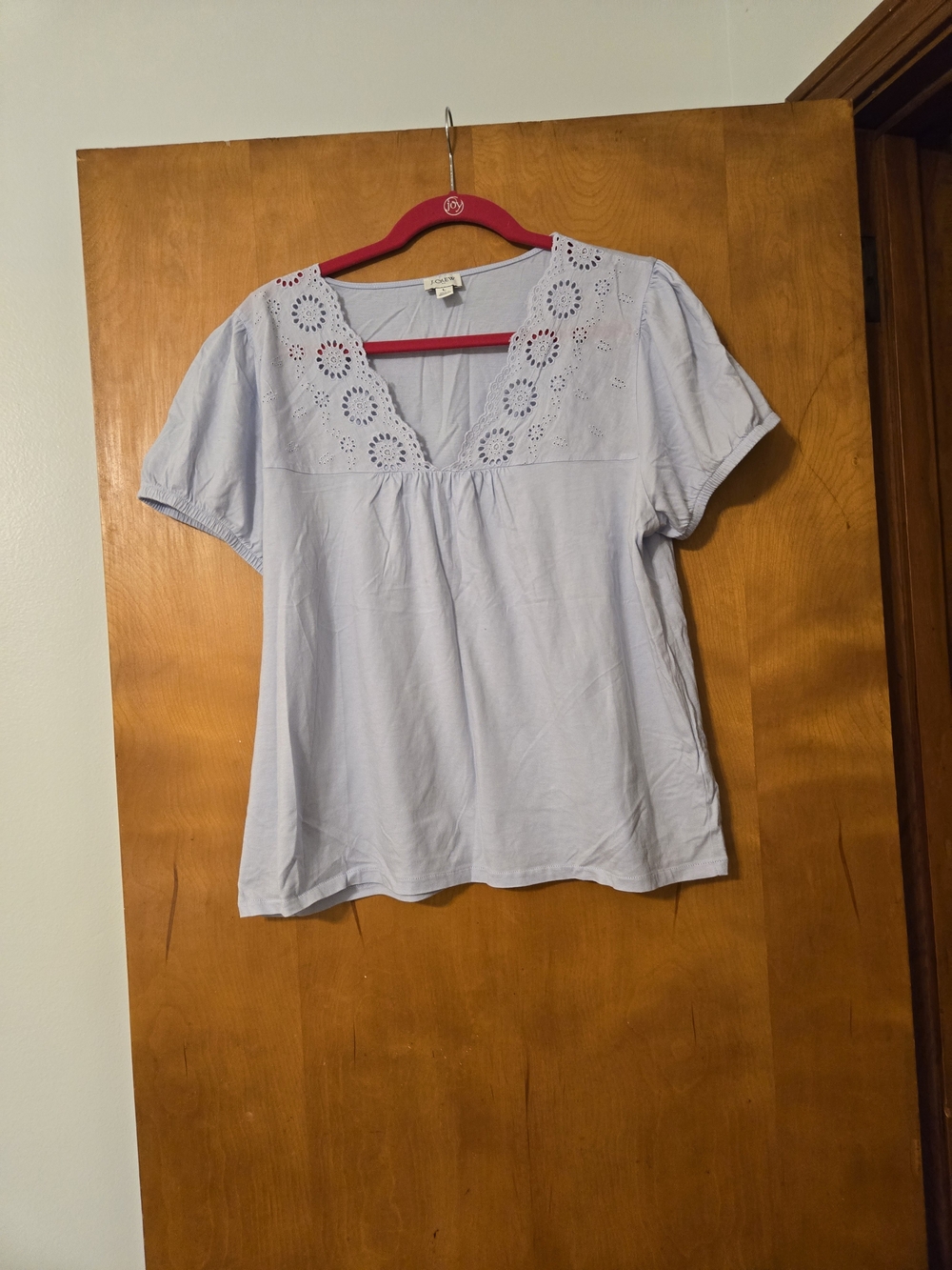 J Crew Eyelet Embroidered Puff Sleeved Light Blue Short Sleeve Shirt Size L